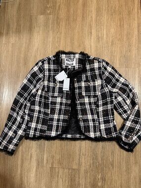 New Walter Baker Black and White Plaid Tweed Cropped Jacket with Fringed Trim Xl